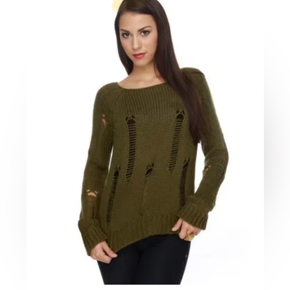 Crotchet Olive Green Knit Sweater with Fringe